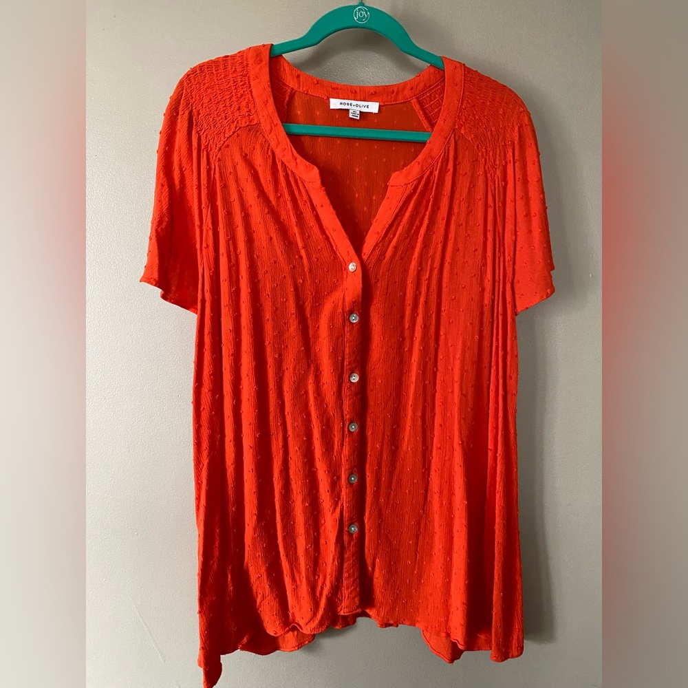 Rose & Olive orange colored, blouse with embroidered, dotted embellishments